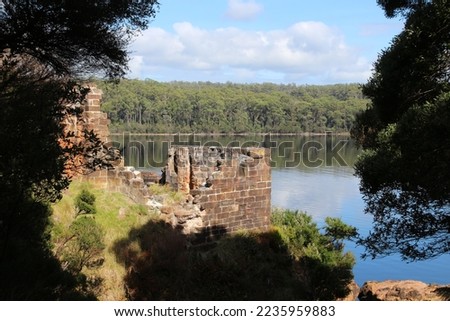 Ruins of the prison on Sarah Island, Tasmania, Macquarie Harbor penal colony was located on Sarah Island within Macquarie Harbor Royalty-Free Stock Photo #2235959883