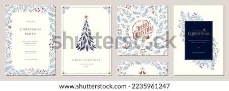 Winter Holiday cards. Christmas templates. Universal ornate floral decorative frames with copy space, Christmas Tree, reindeer, birds and greetings. Vector background. Royalty-Free Stock Photo #2235961247