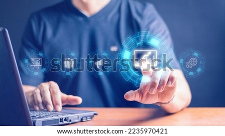 Hand shows the sign and icon of Digital marketing internet advertising and sales increase business technology concept, online marketing, E-business, Ecommerce, Business online. Royalty-Free Stock Photo #2235970421