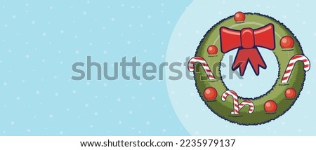 Christmas wreath with red ribbon, bow and balls isolated on blue background. Flat style icon. Christmas background, banner ,or card.