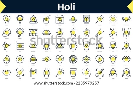 Set of thin line holi Icons. Line art icon with Yellow shadow. Vector illustration