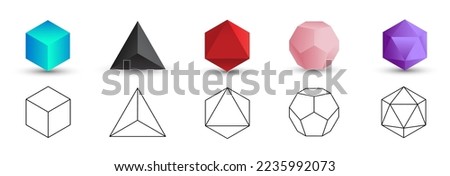 Set of colorful vector editable 3D platonic solids isolated on white background. Mathematical geometric figures such as cube, tetrahedron, octahedron, dodecahedron, icosahedron. Icon, logo, button. Royalty-Free Stock Photo #2235992073
