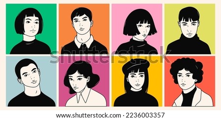 Portraits of Teenage boys and girls. Young people look at the camera. Cute characters. Cartoon comic asian style. Social network avatar templates. Hand drawn trendy Vector illustration. Isolated icons