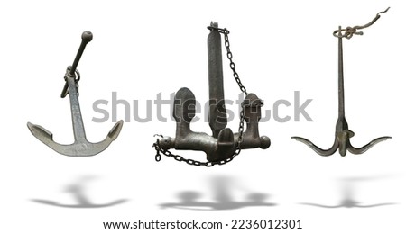 Iron black old rusty naval anchor isolated on a white background with shadow