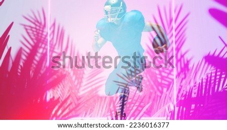 Composite of american football player with ball running over illuminated plants and square. Copy space, purple, sport, competition, illustration, glowing, playing, nature, shape and abstract concept.