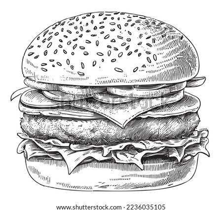 Burger sandwich hand drawn sketch food Restaurant business concept.Vector illustration.