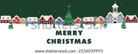Christmas banner ad template of a winter cityscape with a glowing Christmas tree amidst falling snow (green)