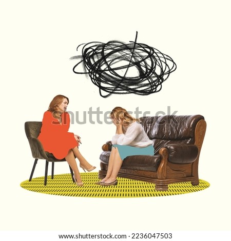 Contemporary art collage. Sad, desperate woman sitting on coach and crying. Having treatment session with female psychologist. Concept of psychology, therapy, mental health care, assistance, feelings