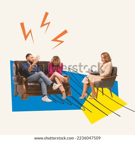 Contemporary art collage. Family misunderstanding and quarrels. Couple attending psychologist to save marriage. Come to an understanding. Concept of psychology, therapy, mental health care, assistance