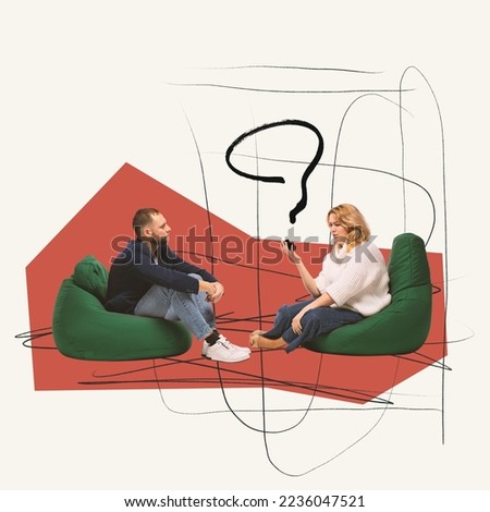 Contemporary art collage. Comfort talk. Woman attending psychologist and freely talking about problems. Help. Concept of psychology, therapy, mental health care, assistance, emotions and feelings