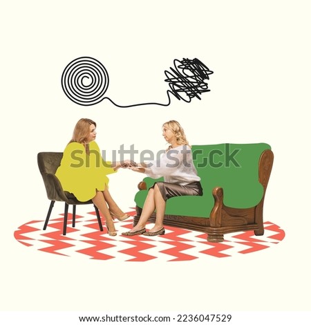 Contemporary art collage. Psychologist helping woman to solve mental problems and reduce tangles thoughts. Session with doctor. Concept of psychology, therapy, mental health care, assistance, feelings