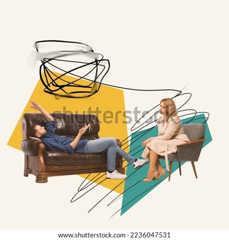 Contemporary art collage. Man attending psychologist, talking about life problems and inner anxiety. Professional therapy. Concept of psychology, therapy, mental health care, assistance, feelings