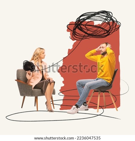 Contemporary art collage. Female psychologist helping man to organize tangled thoughts. Obsessive ideas, stress and depression. Concept of psychology, therapy, mental health care, assistance, feelings