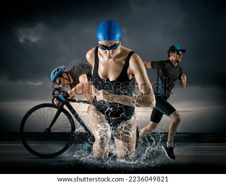 Triathlon sport collage. Man, woman running, swimming, cycling for competition race Royalty-Free Stock Photo #2236049821