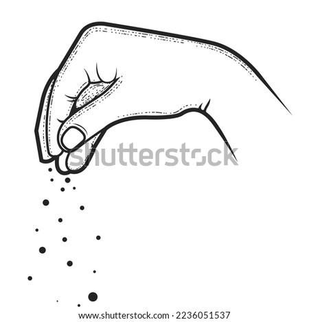 Hand of chief-cook powdering a dish with condiment, pinch of salt, spice or seasoning, pinched fingers, vector Royalty-Free Stock Photo #2236051537