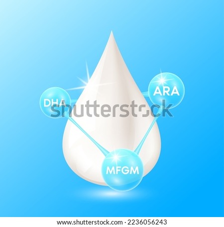 Milk droplets with ARA, Omega DHA and MFGM (Milk Fat Globule Membrane). On blue background Essential amino acids for body health. Products design supplement food. 3D Vector. Royalty-Free Stock Photo #2236056243
