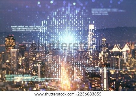 Double exposure of abstract virtual creative code skull hologram on San Francisco city skyscrapers background. Malware and cyber crime concept