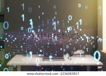 Creative abstract binary code hologram and modern desktop with pc on background, AI and machine learning concept. Multiexposure