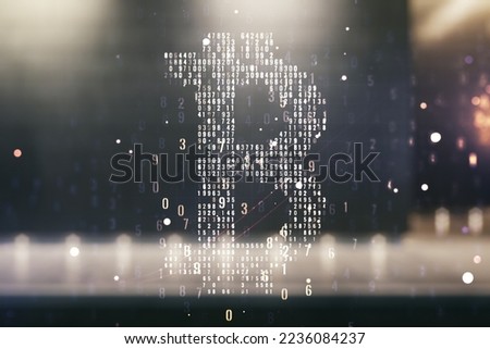 Virtual Bitcoin hologram on blurry modern office building background. Multiexposure