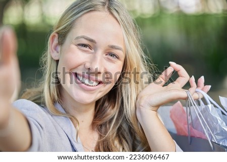 Woman, face or selfie and shopping bags in city, public park or nature garden in retail therapy, buying sales or commercial spending. Portrait, smile or happy customer gifts in Canada photography pov