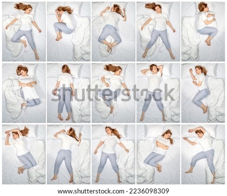 Various poses of a sleeping woman. Female side sleeper fetal position, on the back, on her side, face down on stomach in bed. Deep restful sleep. Girl lying in a nightie pajamas on white bed linen. Royalty-Free Stock Photo #2236098309