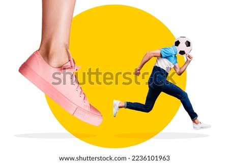 Artwork magazine collage picture of leg beating running guy ball instead of head isolated drawing background