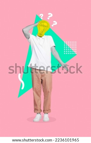 Photo artwork minimal collage picture of doubtful guy light bulb instead of head isolated drawing background Royalty-Free Stock Photo #2236101965