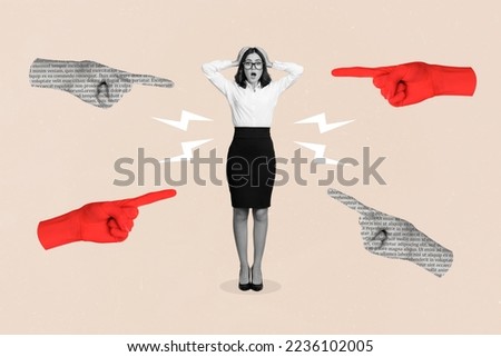 Creative collage of big arms fingers point mini black white colors girl blame accuse isolated on beige background