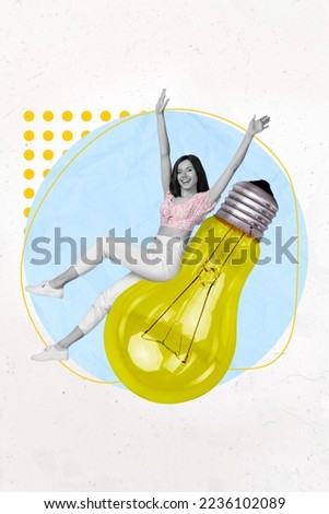 Creative photo 3d collage artwork postcard poster picture of girl glad found way reduce level electricity isolated on painting background