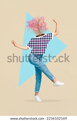 Vertical collage image of excited girl bush flowers instead head dancing isolated on painted background