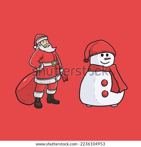 Collection Santa Claus and Snow man ball Red background vector modern illustrations