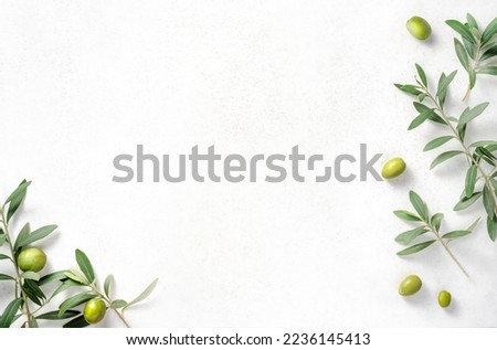 Olives and olive branches on white textured background. Background with olive leaves for your package and design. Royalty-Free Stock Photo #2236145413