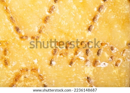 Parmesan cheese texture as background. Close shot of Parmesan cheese rind. Macro photo. Parmesan crust. Close-up