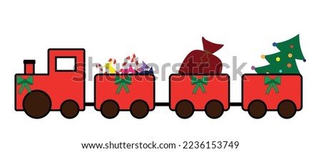 Illustration of a red Christmas train carrying a Christmas tree, gifts and sweets