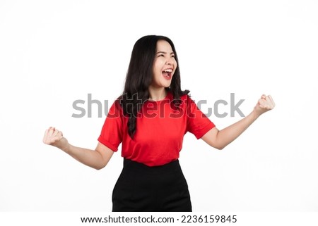 Female sports fan isolated, confident asian soccer fans wearing red t-shirt isolated on white background. cheerful, victory, win, surprise