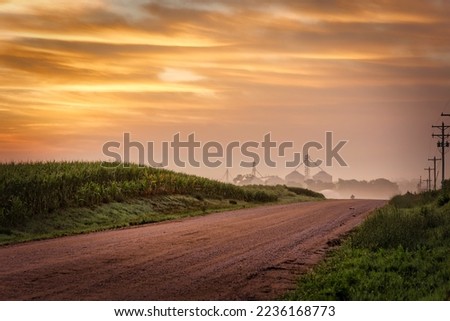 Early morning on a dirt road, with hills and cornfields, near Seward, Nebraska. Royalty-Free Stock Photo #2236168773