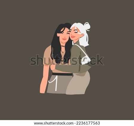 Vector illustration of two happy smiling,beauty best friends teenage girls hugging and drink coffee cocktails together.Isolated illustration.Cartoon people design concept.Best friends together vector.
