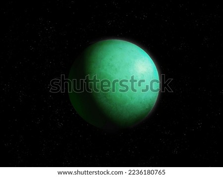 Exoplanet from another star system in green tones. Realistic alien planet in space. Beautiful sci-fi background.