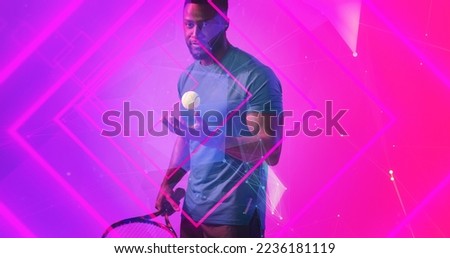 African american male tennis player with ball and racket standing over illuminated square shapes. Copy space, composite, sport, competition, playing, match and abstract concept.