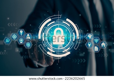 Businessman Hand and Finger Touching Screen and UI HUD Blue Lock Security Sign. Security Technology System or Firewall and Protection Concept in Vintage Tone