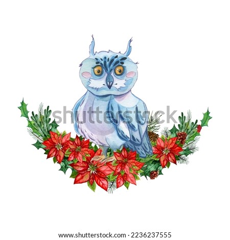 Watercolor cute brown owl, with poinsettia flowers. Canada. Christmas Star. illustration isolated on white background. Beautiful flower arrangement with watercolor cute cartoon animal