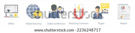A set of 6 business flat icons such as office, global business, video conference