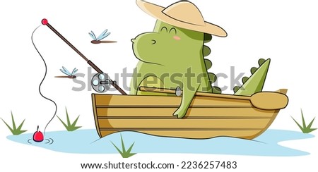 green dragon catches fish on the lake with a fishing rod
