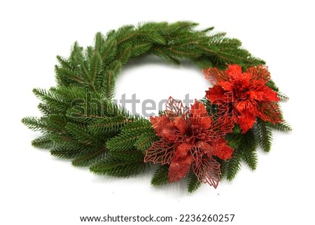 Traditional Christmas spruce wreath with poinsettia flowers isolated on white background.