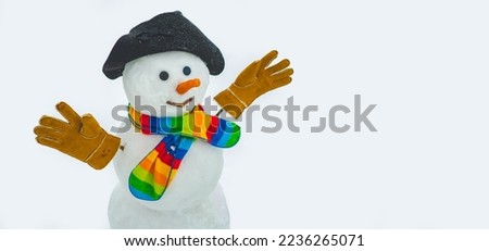 Snowman banner. Panoramic view of happy snowman in winter scenery with copy space.