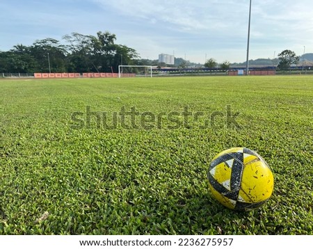 Bangi, Malaysia 2020: Official soccer ball on a green soccer field. The official ball of the football tournament