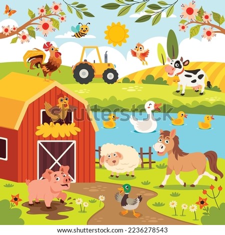 Farm Scene With Cartoon Animals Royalty-Free Stock Photo #2236278543