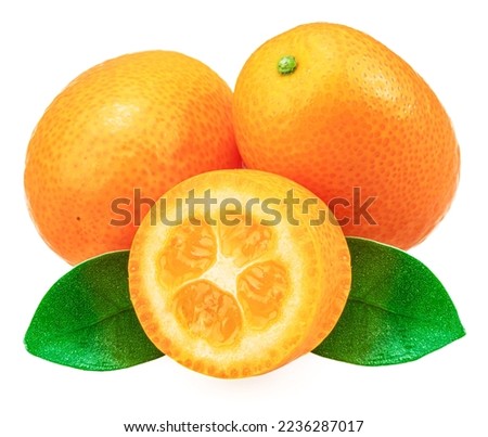 Kumquat fruit and cross cut of kumquat with leaves isolated on white background. Royalty-Free Stock Photo #2236287017