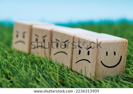 sad faces icon and happy smiley faces on wooden cube blocks on grass and blue background. concept of positivism, mental well-being.