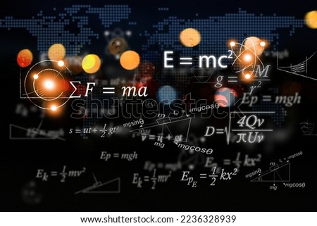 Mathematical and physics equations of Albert Einstein and Sir Isaac Newton and other equations on black background. Royalty-Free Stock Photo #2236328939